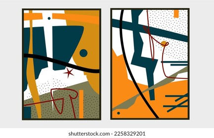 Set of two abstract mid century wall art. Colorful geometric wall decoration for home. Good for poster, home decoration, wallpaper and art deco.