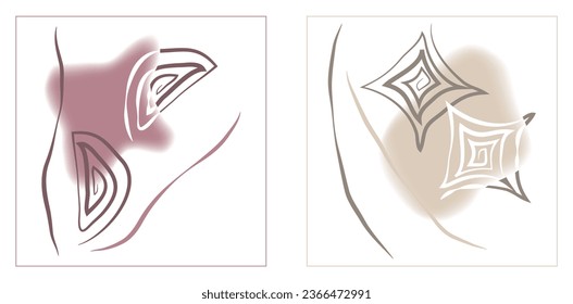 Set of  two abstract minimal designs with line geometric shapes, gradient spots and scribble lines. Modern illustrations for print, web, fabric, decoration isolated on white.