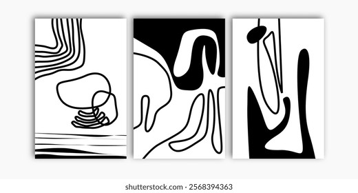 Set of two abstract minimalist black and white wall art. Minimal wall print, poster, and wall decorations.
