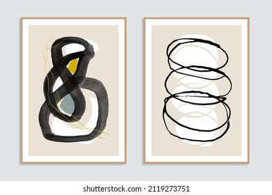 Set of two abstract minimalist hand-painted illustrations for wall decoration, postcard or brochure design. Vector EPS10.