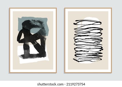 Set Of Two Abstract Minimalist Hand-painted Illustrations For Wall Decoration, Postcard Or Brochure Design. Vector EPS10.