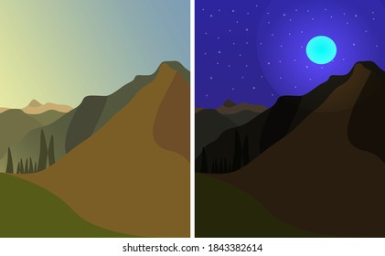 Set of two abstract mountain landscapes, day and night. Each landscape is isolated.