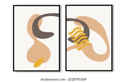 Set of two abstract organic boho wall art. Brown natural minimalist poster vector.