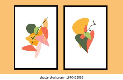Establezca dos tipos de arte de pared de geometría orgánica abstracta. Decoraciones de pared geométricas. Decoración minimalista y colorida de formas orgánicas en las paredes.