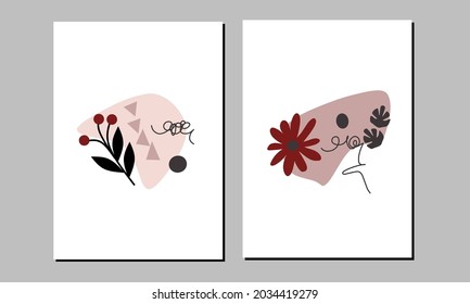 Set two of abstract organic shapes wall art. Plant wall decor. Flowers bloom wall Decorations.