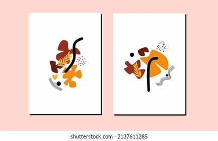 Dos formas orgánicas abstractas de arte mural. Decoración de flores en las paredes. Decoración de las paredes escandinavas. Puede usarse para afiches, medios sociales, invitación, tarjetas y papel tapiz.