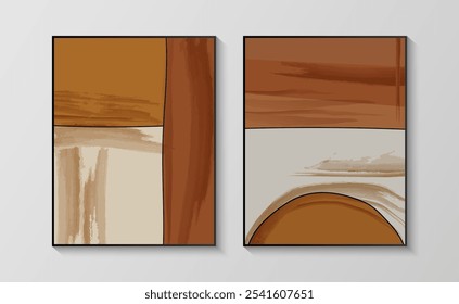 A set of two abstract paintings in earthy tones with geometric shapes and brushstrokes. Vector Illustration.