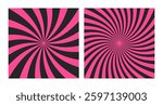 Set of two abstract pink spiral patterns on black background. Square posters with vibrant pink groovy swirls, retro grunge sunbursts, hypnotic design