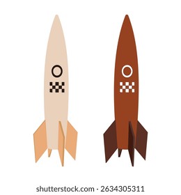 Set of two abstract rockets with checkered patterns and geometric designs