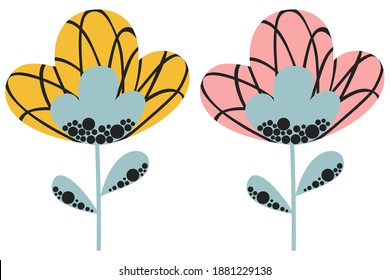 Un conjunto de dos flores estilizadas abstractas con capullos rosados y amarillos y tallos grises de pichón en un estilo escandinavo con un fondo blanco. Cuidados amapolas o tulipanes de dibujos animados. Vector.