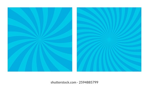 Set of Two Abstract Vector Blue Spiral Patterns on Cyan Background. Square Posters with Vibrant Blue Groovy Hypnotic Swirls, Retro Inspired Grunge Sun Bursts