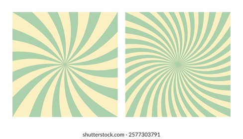 Set of Two Abstract Vector Green Spiral Patterns on Beige Background. Square Posters with Green Groovy Hypnotic Swirls, Retro Inspired Grunge Sun Bursts