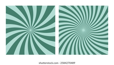 Set of Two Abstract Vector Green Spiral Patterns on Mint Background. Square Posters with Green Groovy Hypnotic Swirls, Retro Inspired Grunge Sun Bursts
