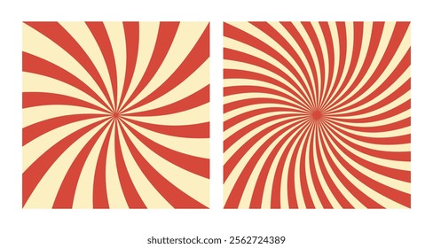 Set of Two Abstract Vector Red Spiral Patterns on Beige Background. Square Posters with Red Groovy Hypnotic Swirls, Retro Inspired Grunge Sun Bursts