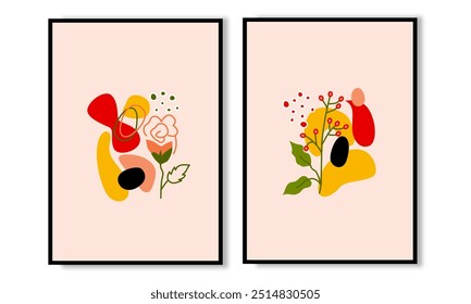 Conjunto de dois vetor de arte de parede vintage abstratos. Formas orgânicas e flores decorações de parede, cartaz vetorial e impressão de parede para casa.