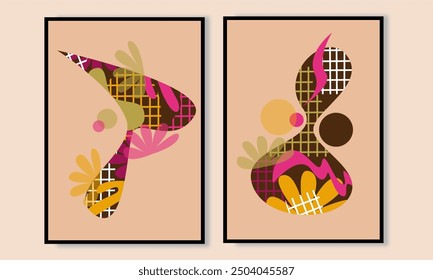 Set of two abstract vintages wall art. Aesthetic wall decoration, wall print, wallpaper and poster