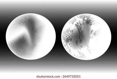 Set of two abstract white circles with soft gradients and grunge textures. One has smooth, minimalist shading, while the other features bold, high contrast scratches.