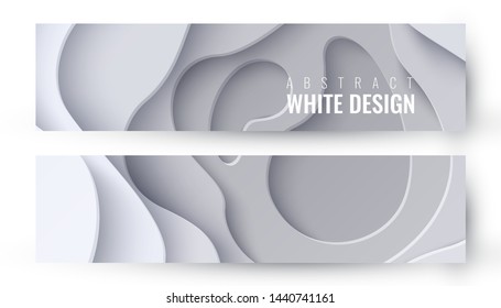 Conjunto de dos banderas de papel blanco abstracto cortadas. Fondos de capas geométricas vectoriales. Diseño decorativo de papeleo navideño