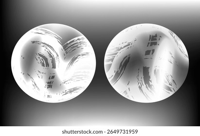 Conjunto de duas esferas brancas abstratas com texturas em negrito e gradientes suaves. Estes projetos grunge olhar monocromático moderno, perfeito para cartazes ousados, arte digital, ou marca criativa