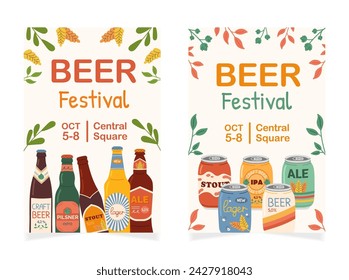 Set of two advertising posters for beer festival celebration. Colored hand drawn vertical banner with different beer types in aluminum cans and glass bottles. Oktoberfest beer festival.