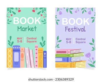 A set of two advertising posters for a literary event in bookstores or libraries. Hand drawn color illustration of books and flowers.