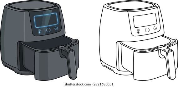 A set of two air fryers, one in full color and one as a black and white line art drawing, isolated on a white background.