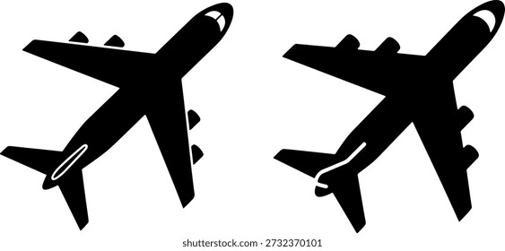 Set of Two Airplane Silhouettes featuring Top View Profiles of Commercial Jet Aircraft for Travel Logistics Aviation Industry and Global Transportation Design
