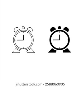 A set of two alarm clock icons in outline and solid styles, perfect for time-related designs, schedules, or notifications.

