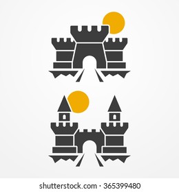 Set of two ancient castle icons. Castle silhouette with tower, bridge, gate and sun. Castle stock vector image.