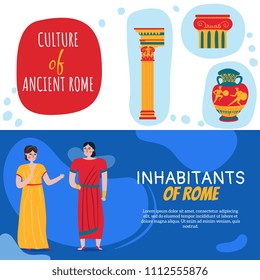 Set of two ancient rome empire horizontal banners with editable text and human characters in tunics vector illustration