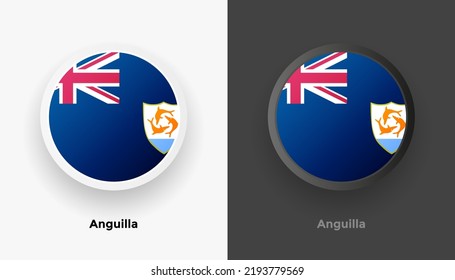 Set of two Anguilla flag buttons in black and white background. Abstract shiny metallic rounded buttons with national country flag