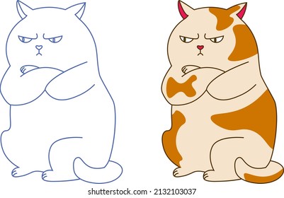 Set of two animal character angry fat cat spotty drawing in flat and outline style