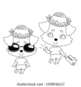 Set of two animals. A dog in a straw hat and sunglasses and a dog with a suitcase. Linear, black and white image of a pet. Vector illustration for coloring book, stencil, design, prints.