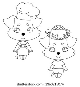 Set of two animals. A dog in a straw hat and a dog in cook costume. Linear, black and white image of a pet. Vector illustration for coloring book, stencil, design, prints.