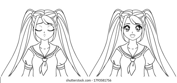 Set of two anime expressions. Cute girl with big eyes wearing japanese school uniform. Hand drawn contour vector illustration isolated on white.