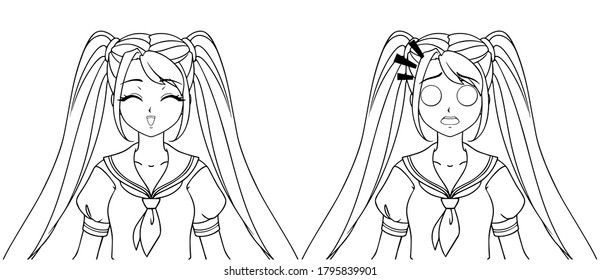 Set of two anime expressions. Cute girl with big eyes wearing japanese school uniform. Hand drawn contour vector illustration isolated on white.
