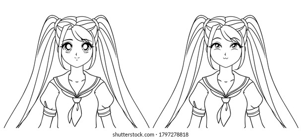 Set of two anime expressions. Cute girl with big eyes wearing japanese school uniform. Hand drawn contour vector illustration isolated on white.