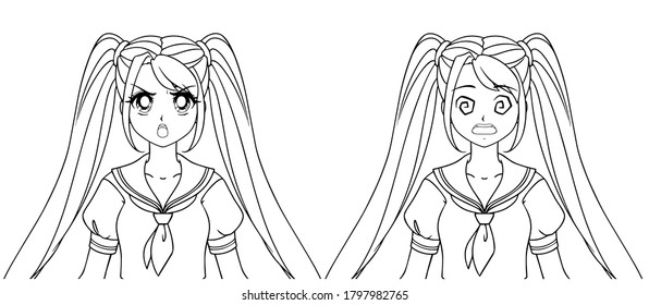 Set of two anime expressions. Cute girl with big eyes wearing japanese school uniform. Hand drawn contour vector illustration isolated on white.
