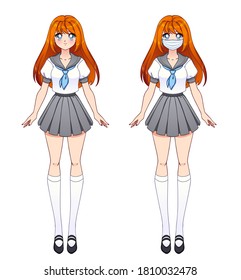 Set of two anime girls. Cute girls with big eyes and wearing japanese school uniform and medical mask. Hand drawn vector illustration isolated on white.