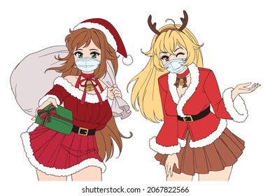Set of two anime girls wearing medical mask and Christmas costume.