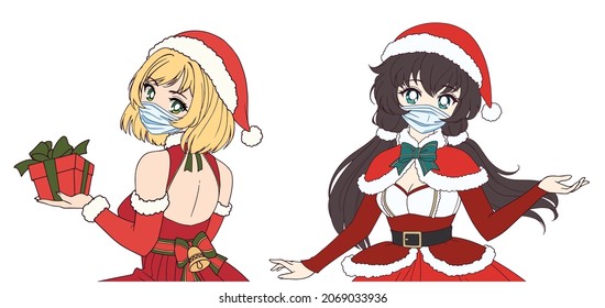 Set of two anime girls wearing medical mask and Christmas costume.