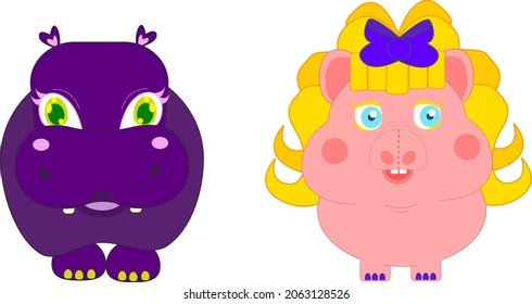 Set of two anthropomorphic animals. One pig. One hippo. Vector of 2 best friend girl animals.