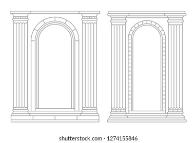 Set of two antique classical arch with columns. Vector illustration, linear silhouette.