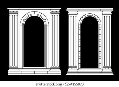 Set of two antique classical arch with columns. Vector illustration, linear white silhouette.