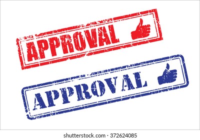 Set of two APPROVAL grunge realistic rubber stamps icons with thumbs up logo. Red and Blue colors, different fonts, shapes,corners, isolated on white background. Editable Vector illustration EPS 10.
