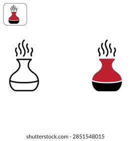A set of two aromatherapy diffuser icons, one in a clean black line art style and the other in a solid red and black fill, representing relaxation and wellness.