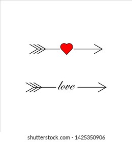 set of two arrows one with typography word love in the middle of the arrow and another with heart
