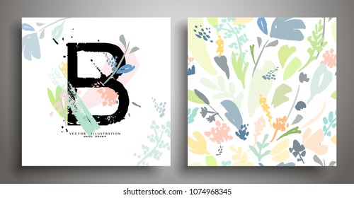 Set of two art background: Capital letter B and a seamless pattern. Drawing hand image, vector illustration.