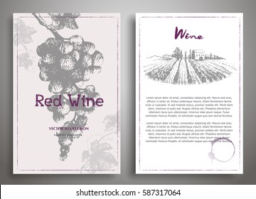 Set of two art background wine design template.Wine menu. Drawing hand image, vector illustration.