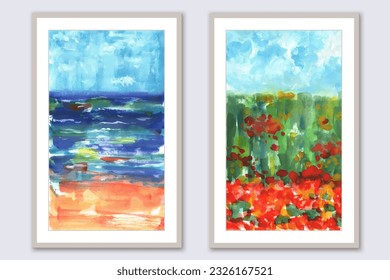 Set of two art paintings. Summer landscape, sea view, beach, field, flowers, blue sky. Summer warm day. Design for posters, cards, wall art prints, covwers. 